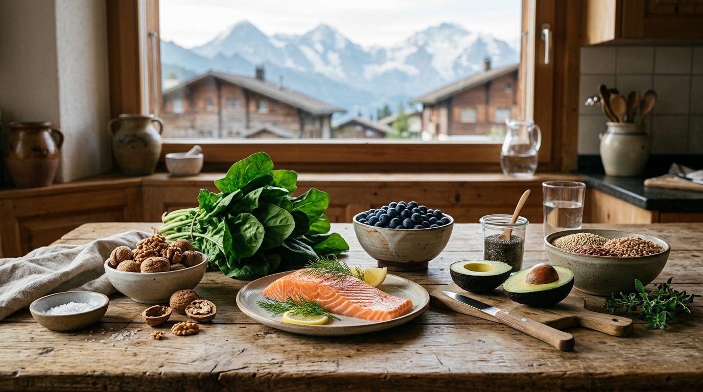 Gesunde Lebensmittel für Nerven und Neuropathie - Lachs, Nüsse, Spinat, Beeren